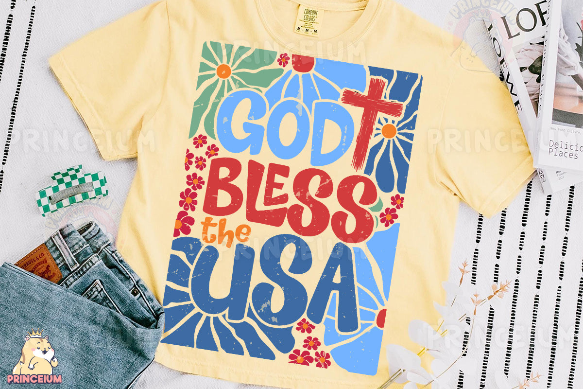 a t - shirt with the words god, bless the usa on it