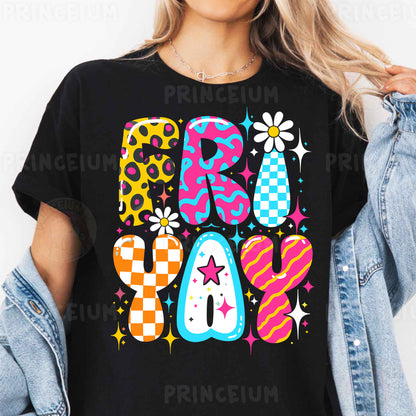 a woman wearing a t - shirt that says happy