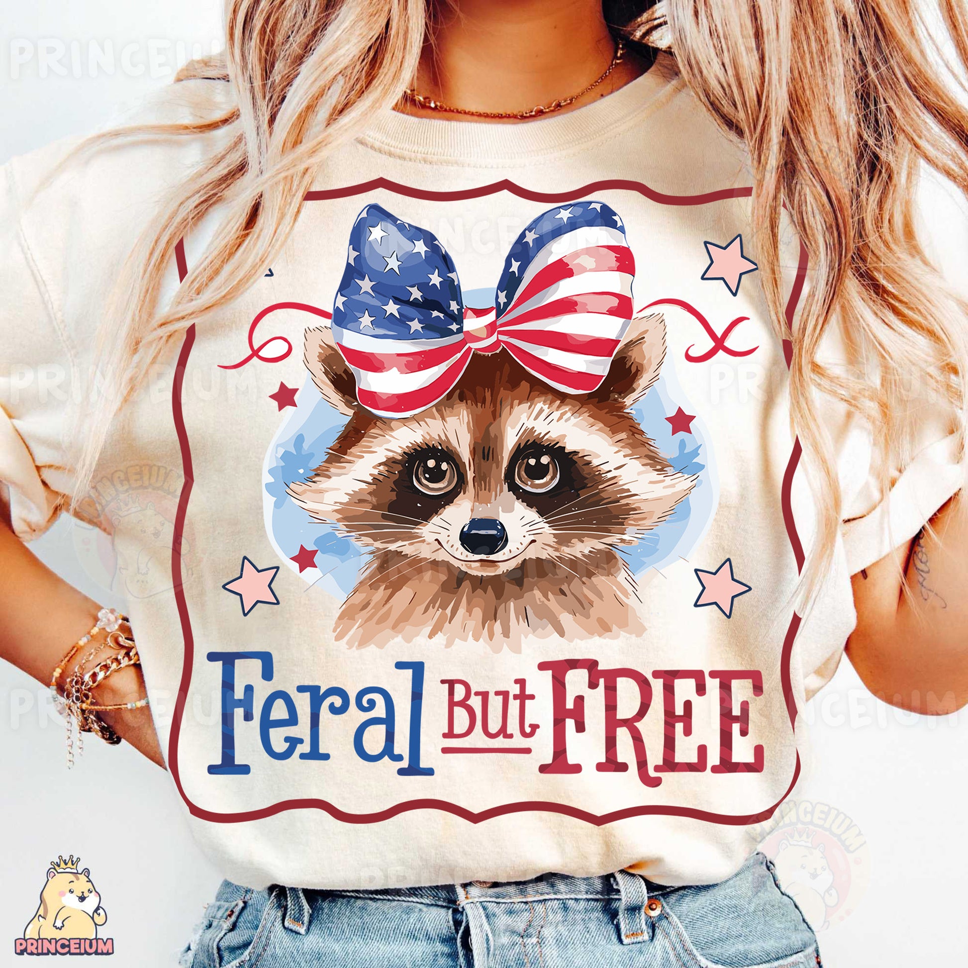 a woman wearing a t - shirt with a raccoon wearing a bow