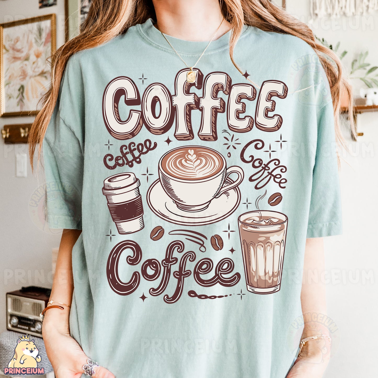 a woman wearing a t - shirt that says coffee
