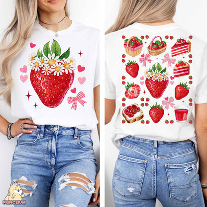 a woman wearing a t - shirt with a strawberry on it