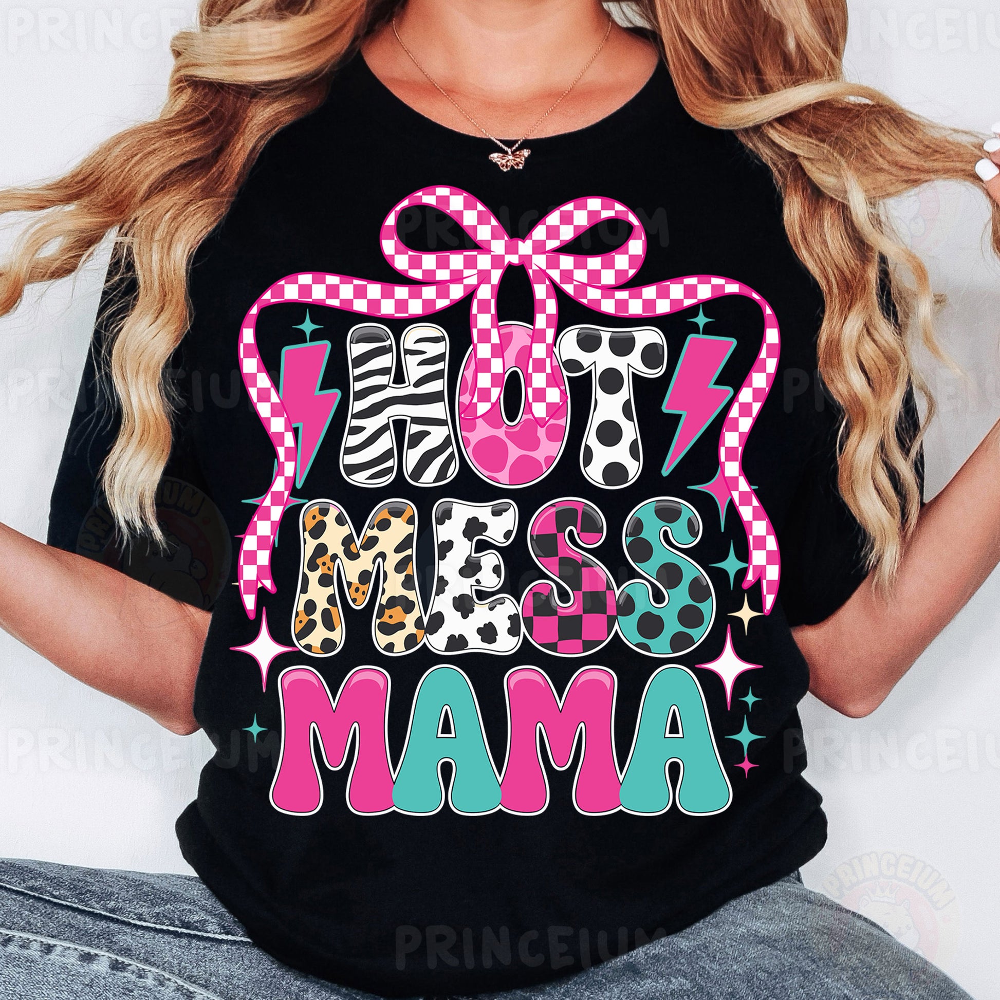 a woman wearing a black tshirt with a pink bow