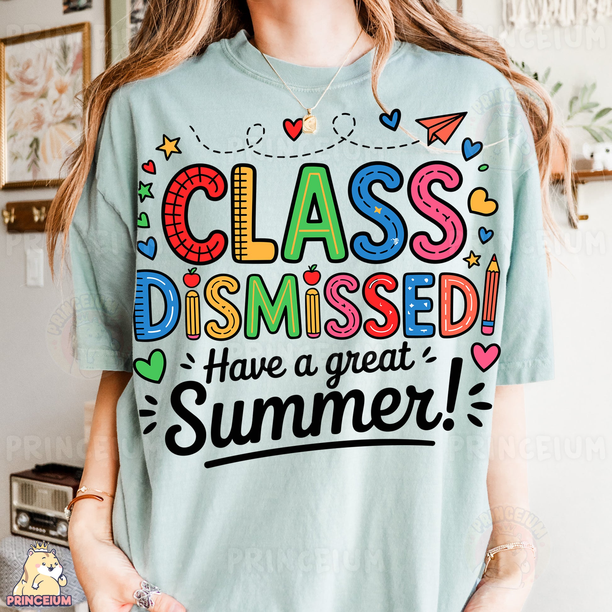 a woman wearing a class dismassed t - shirt