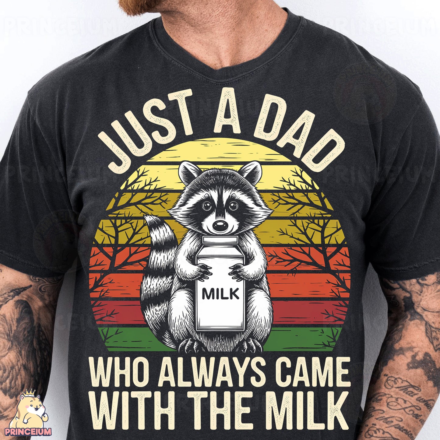 a man wearing a black shirt that says just a dad who always came with the