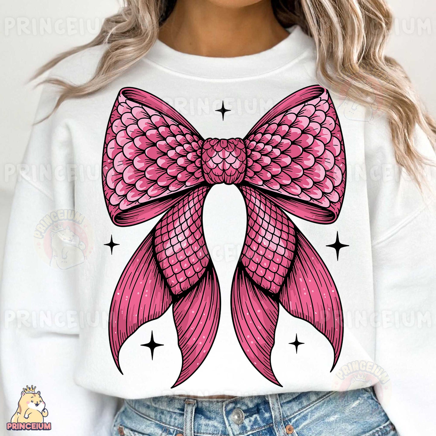 a woman wearing a white shirt with a pink bow on it