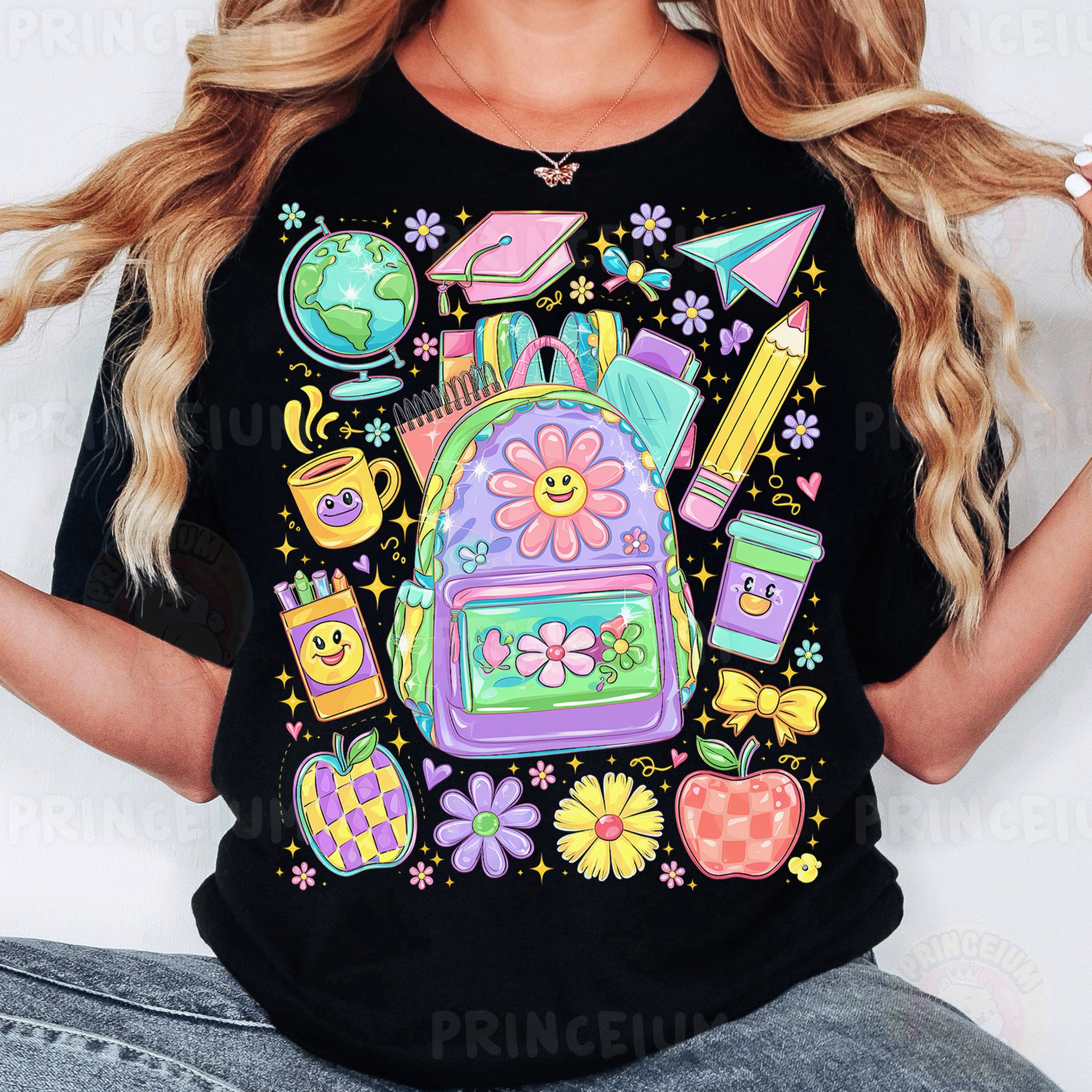 a woman wearing a black tshirt with a backpack on it