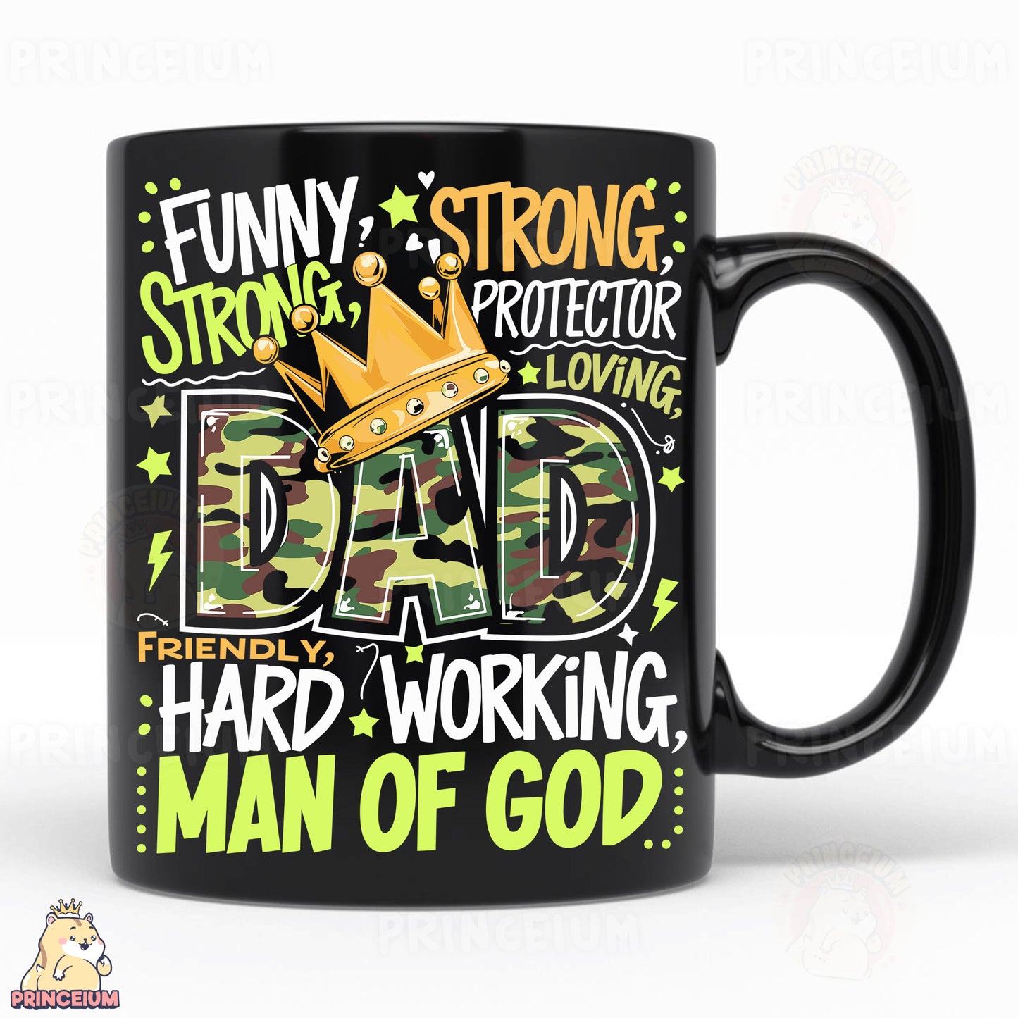 a black coffee mug with a yellow crown on it