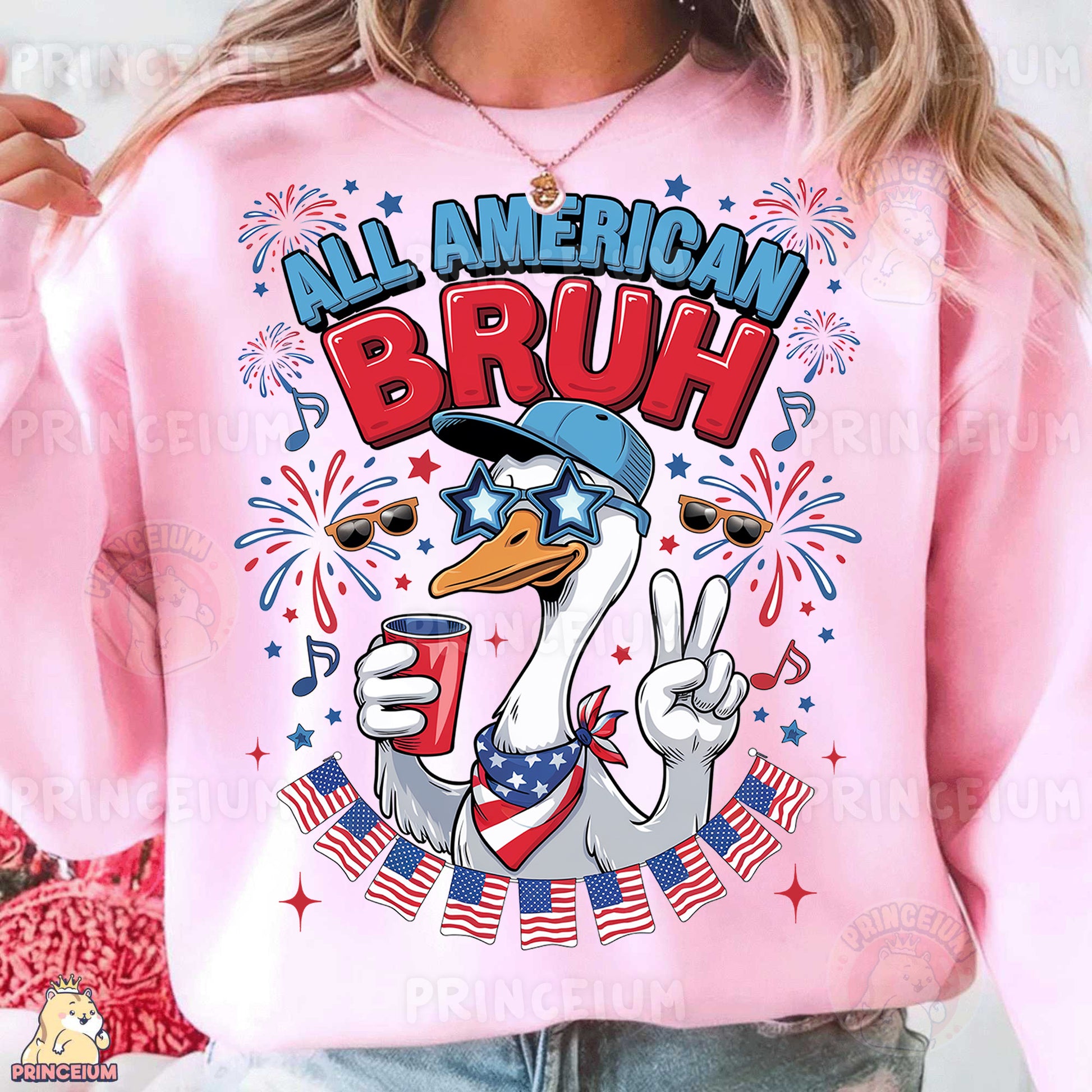 a woman wearing a pink sweatshirt that says all american bruh