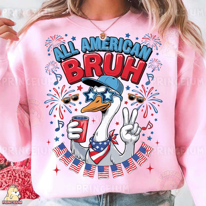 a woman wearing a pink sweatshirt that says all american bruh