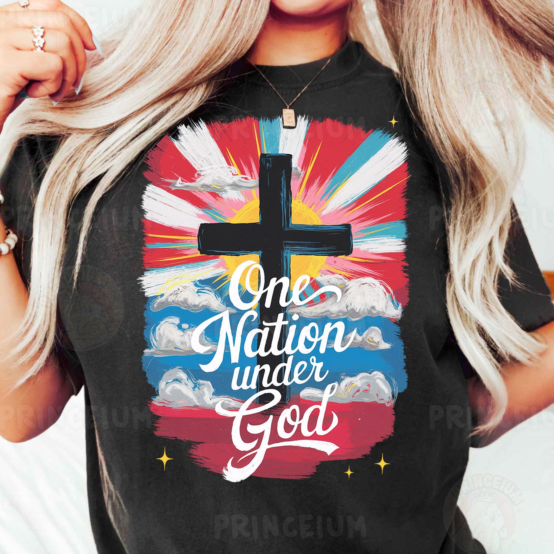 a woman wearing a t - shirt that says one nation under god