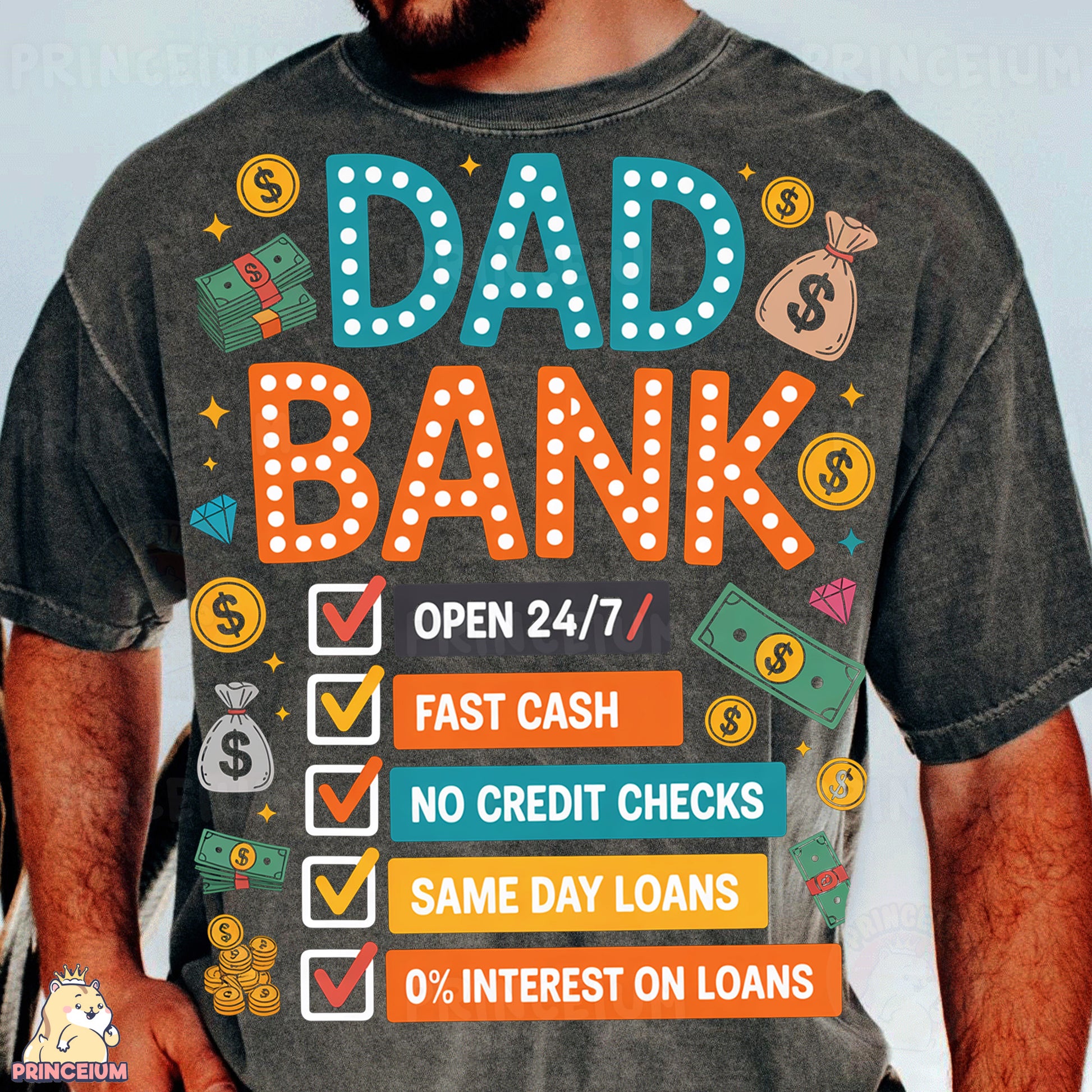 a man wearing a t - shirt that says dad bank
