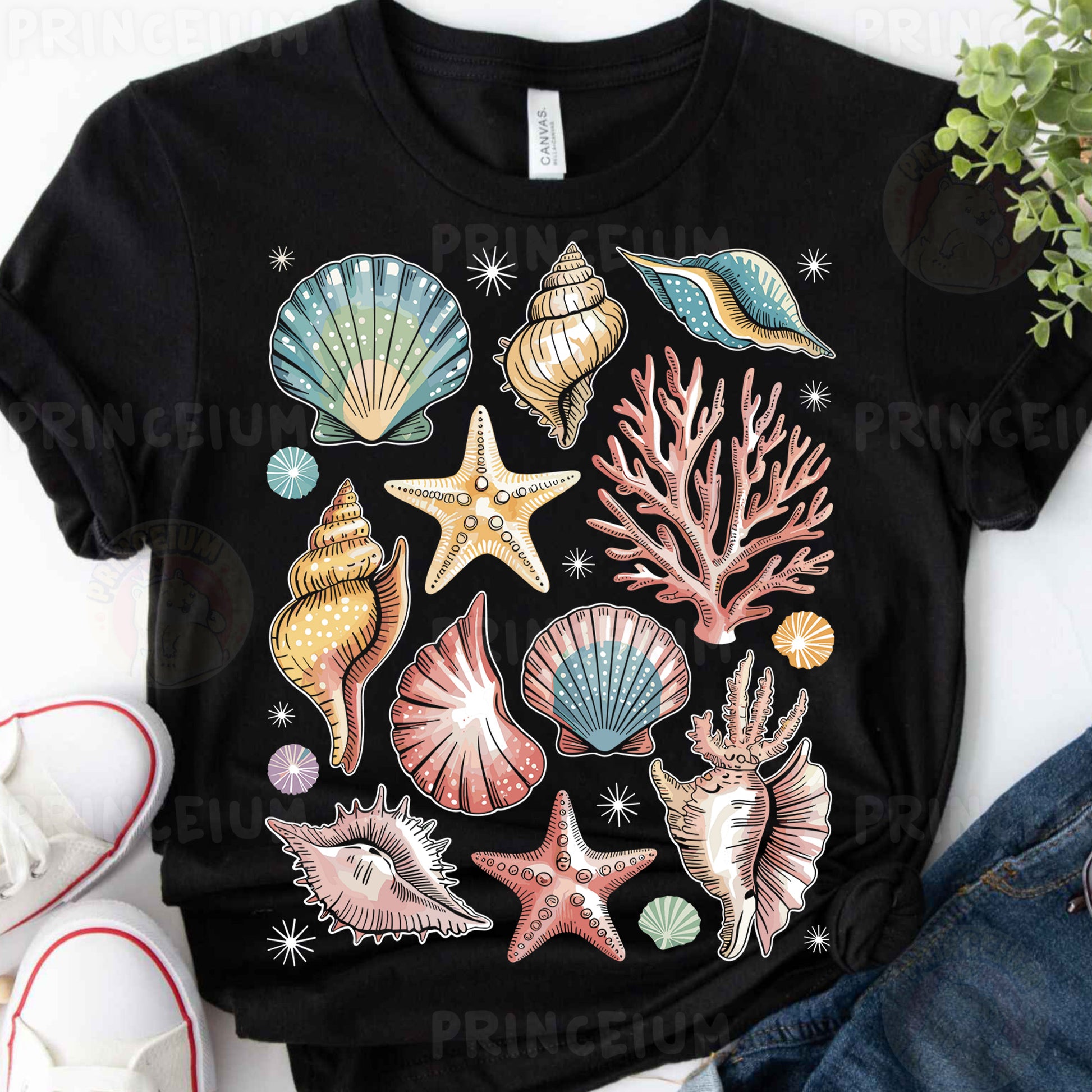 a t - shirt with a bunch of seashells on it