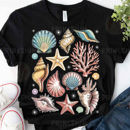 a t - shirt with a bunch of seashells on it