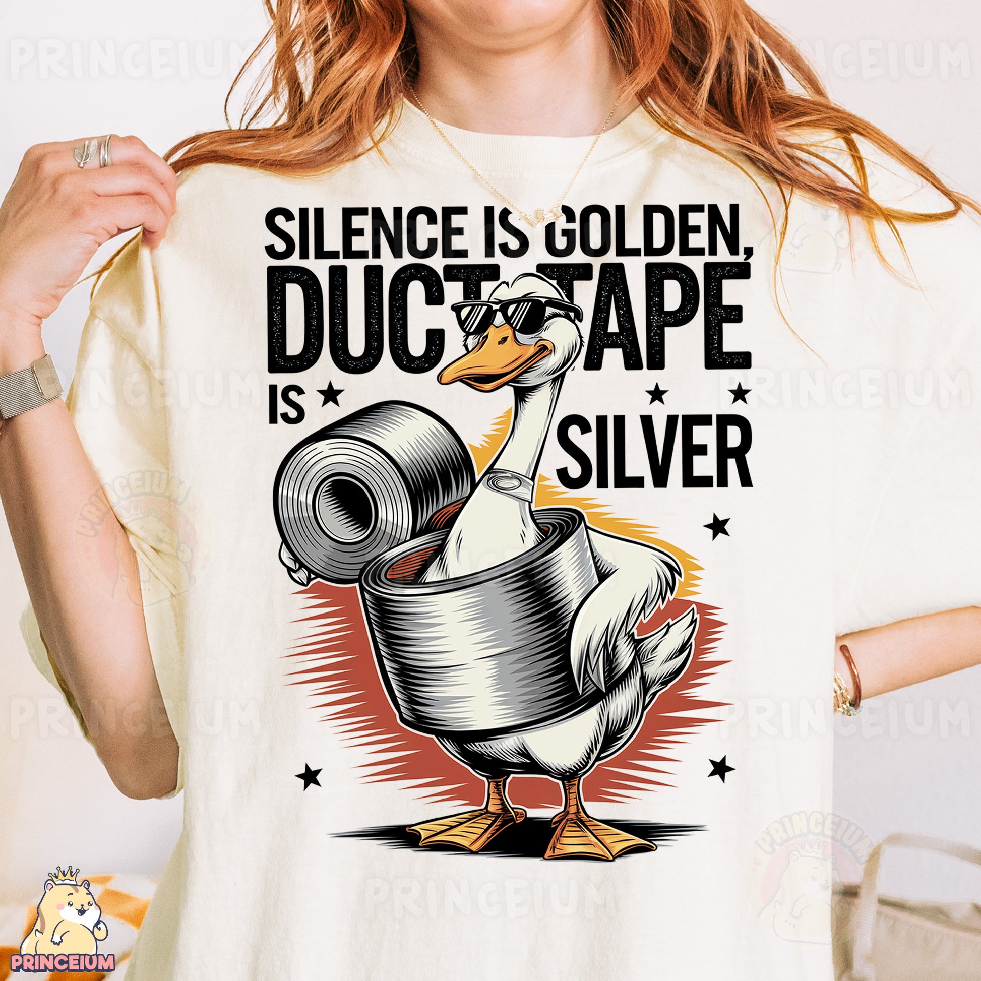 a woman holding a roll of duct tape