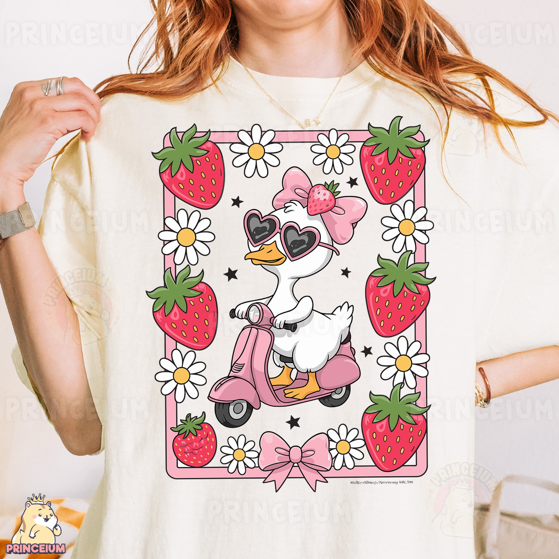 a woman wearing a t - shirt with a picture of a duck riding a sc