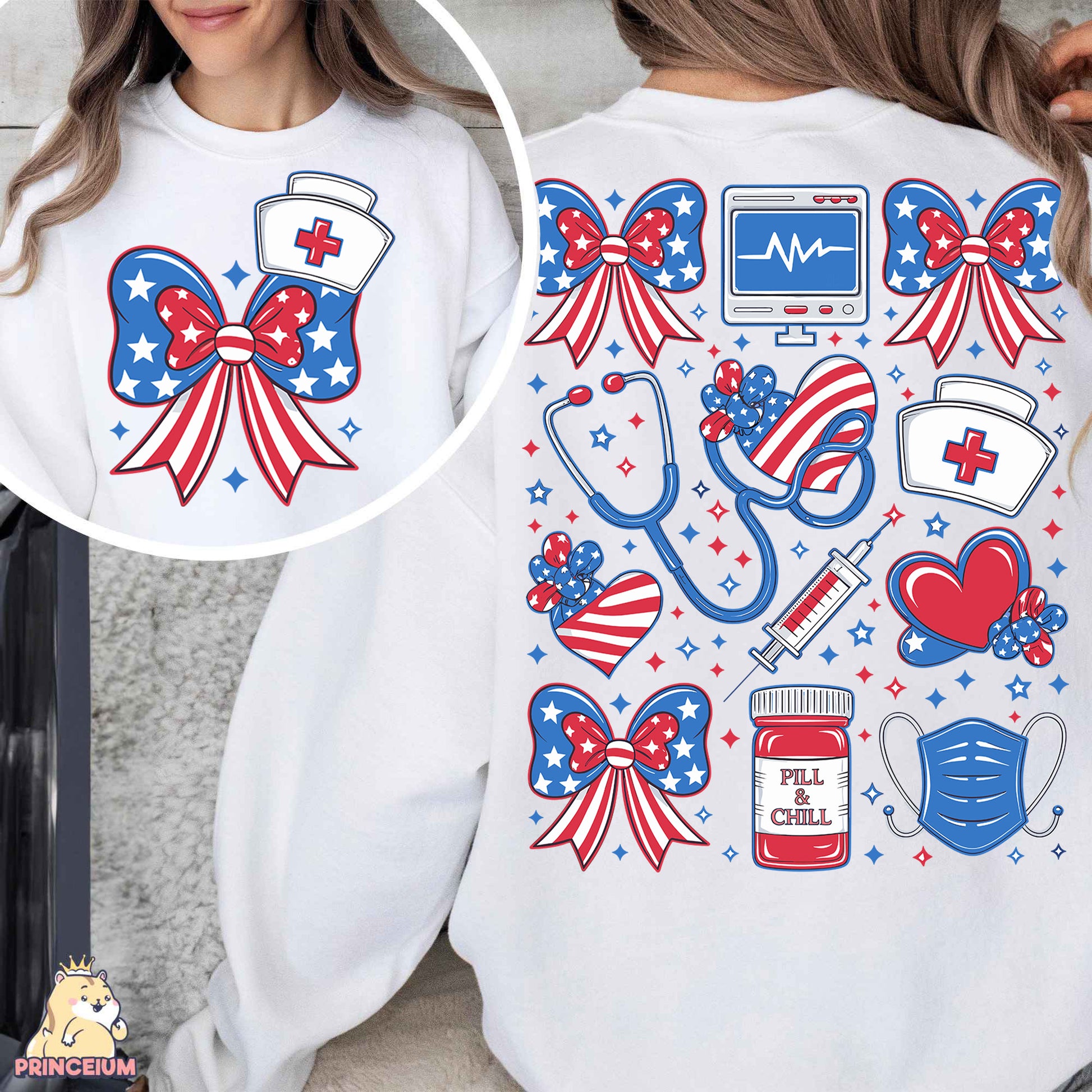 a woman wearing a white shirt with red, white and blue designs on it