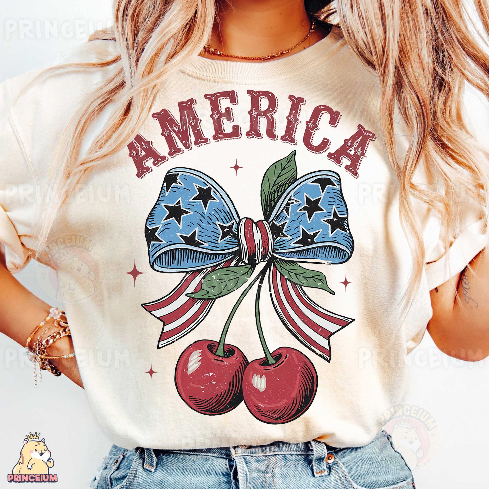 a woman wearing a shirt with a bow and two cherries on it