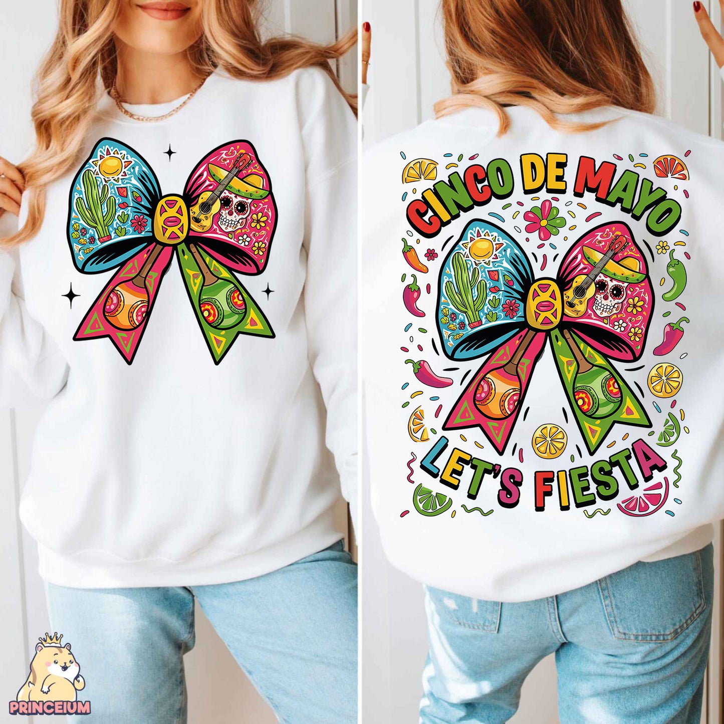a woman wearing a white sweatshirt with a colorful bow