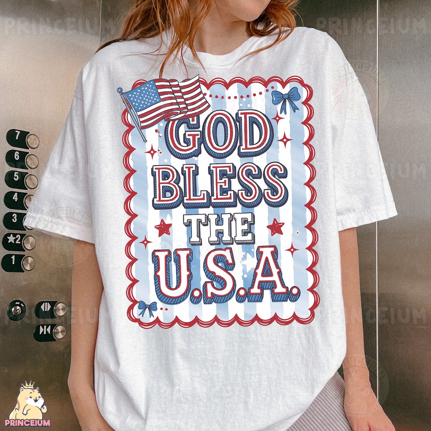 a woman wearing a t - shirt that says god bless the usa