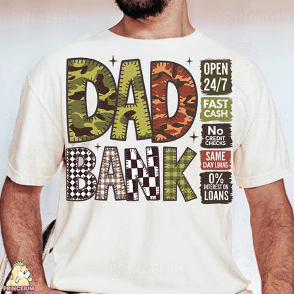 a man with a beard wearing a t - shirt that says dad bank