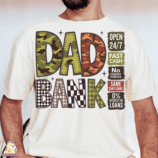 a man with a beard wearing a t - shirt that says dad bank