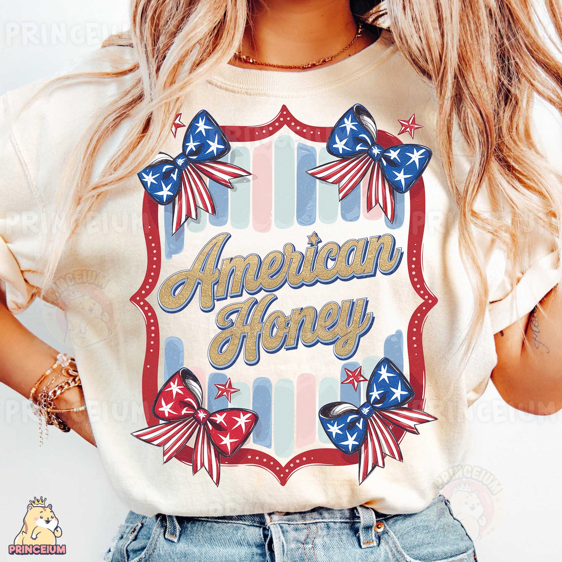 a woman wearing an american honey t - shirt