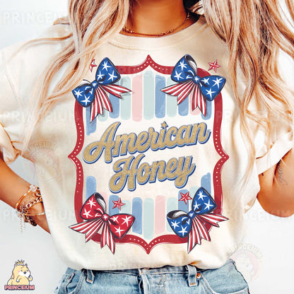 a woman wearing an american honey t - shirt