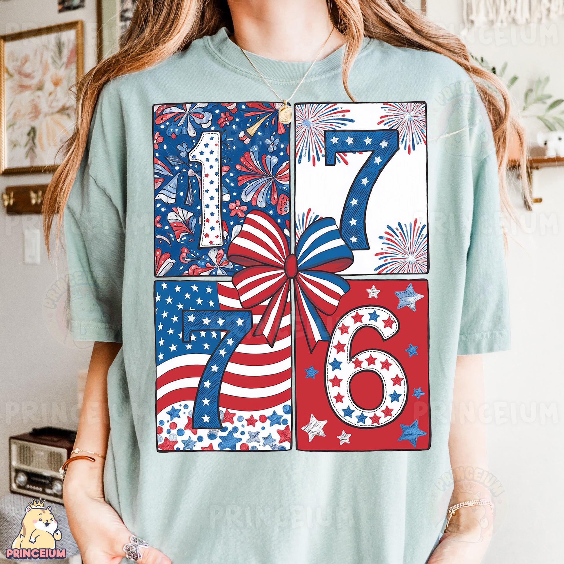 a woman wearing a fourth of july t - shirt