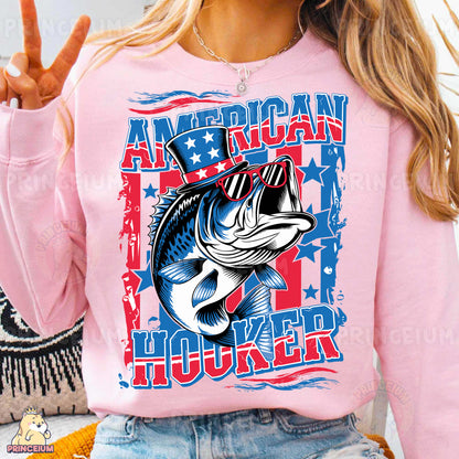 a woman wearing a pink american hooked shirt