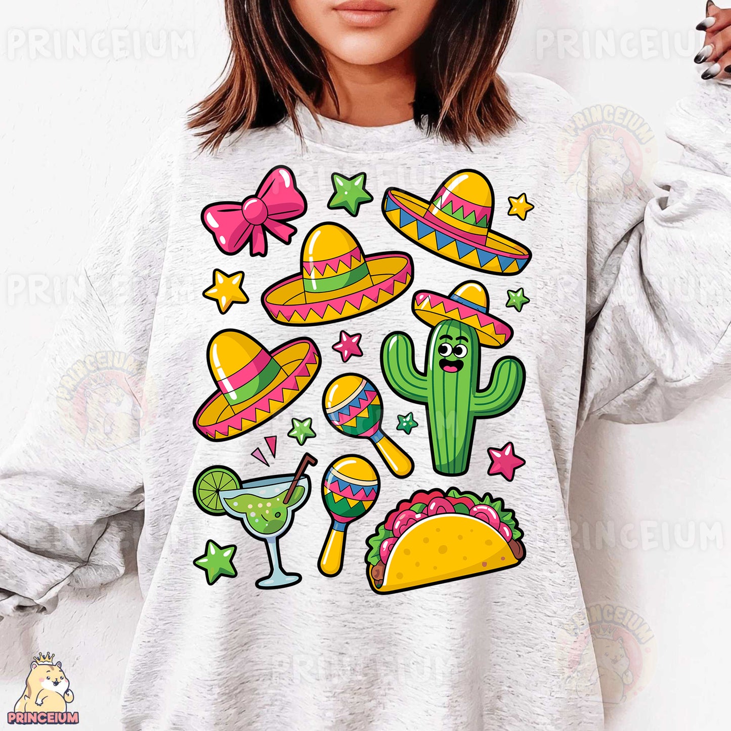 a woman wearing a white sweatshirt with mexican icons on it