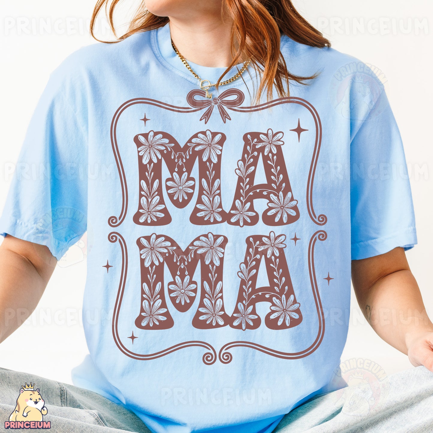 a woman wearing a t - shirt that says mamma