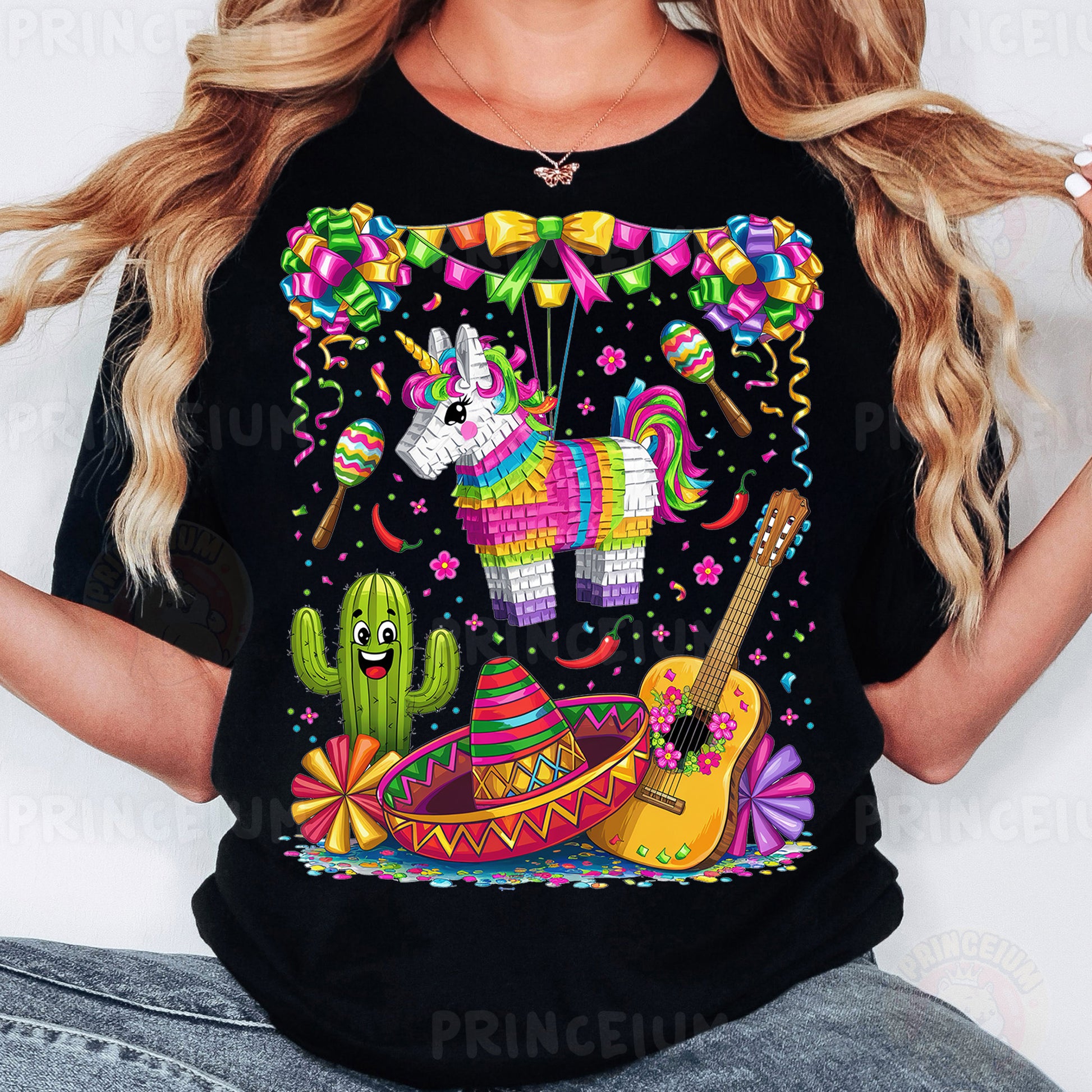 a woman wearing a black t - shirt with an image of a llama and