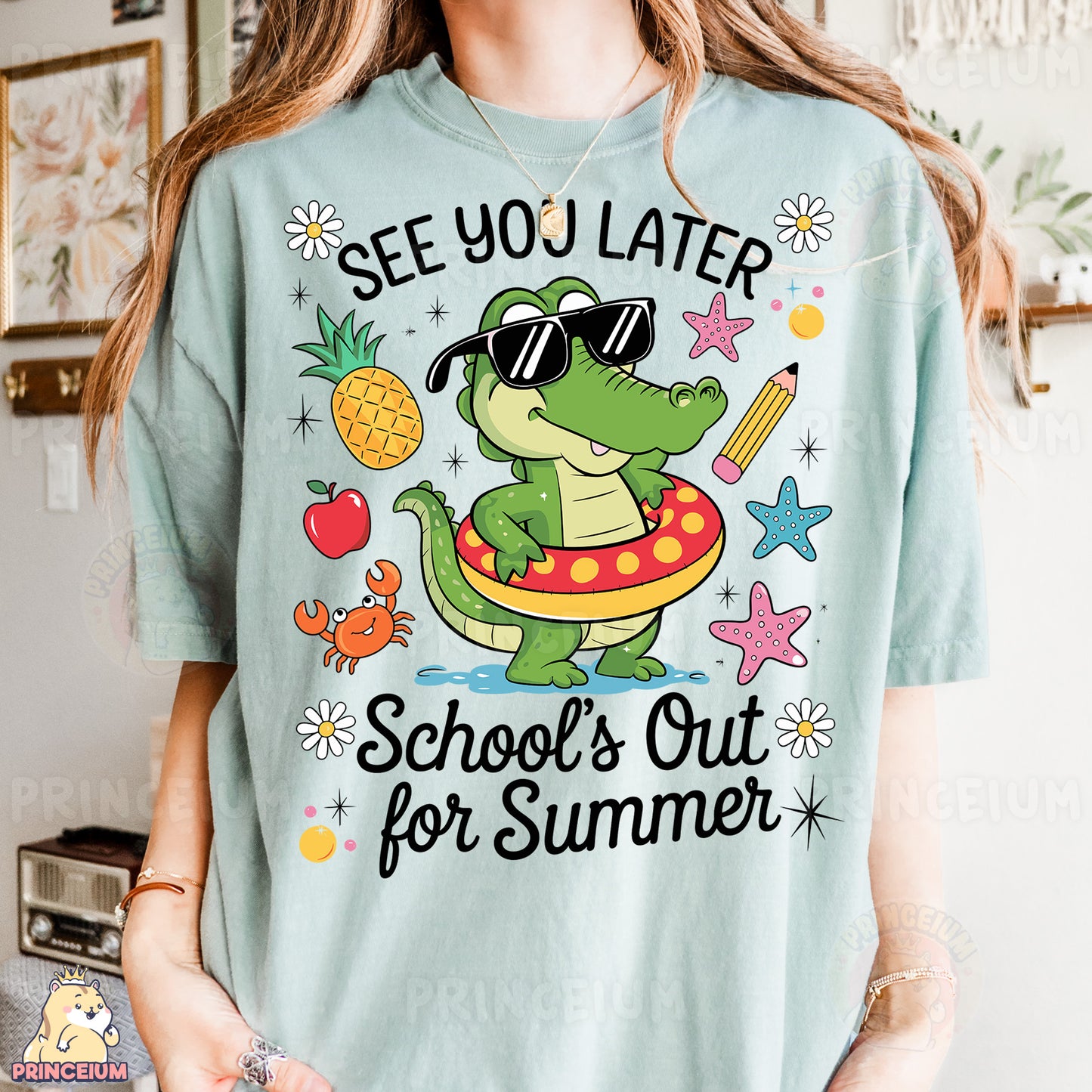 a woman wearing a t - shirt that says see you later school's out
