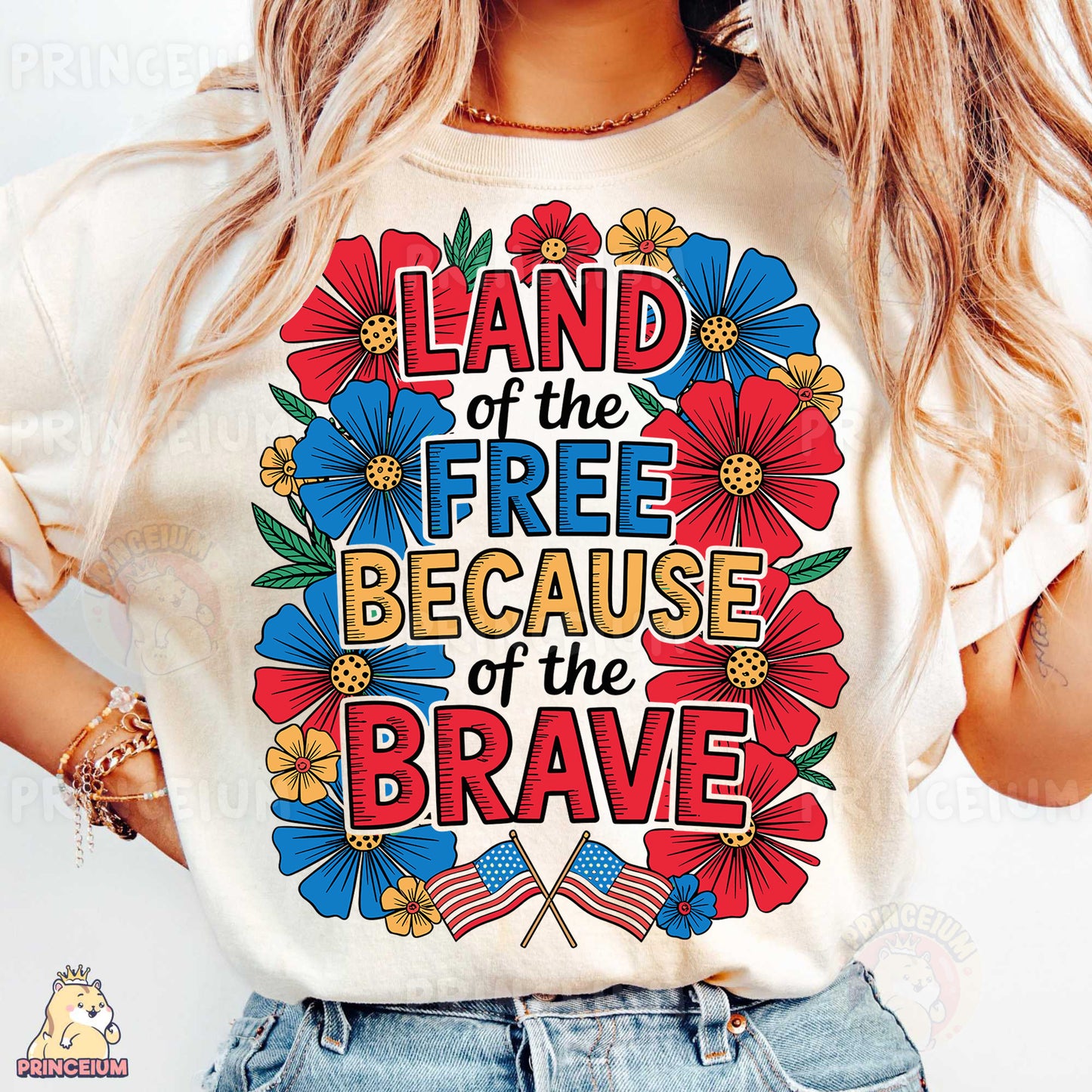 a woman wearing a t - shirt that says land of the free because of the