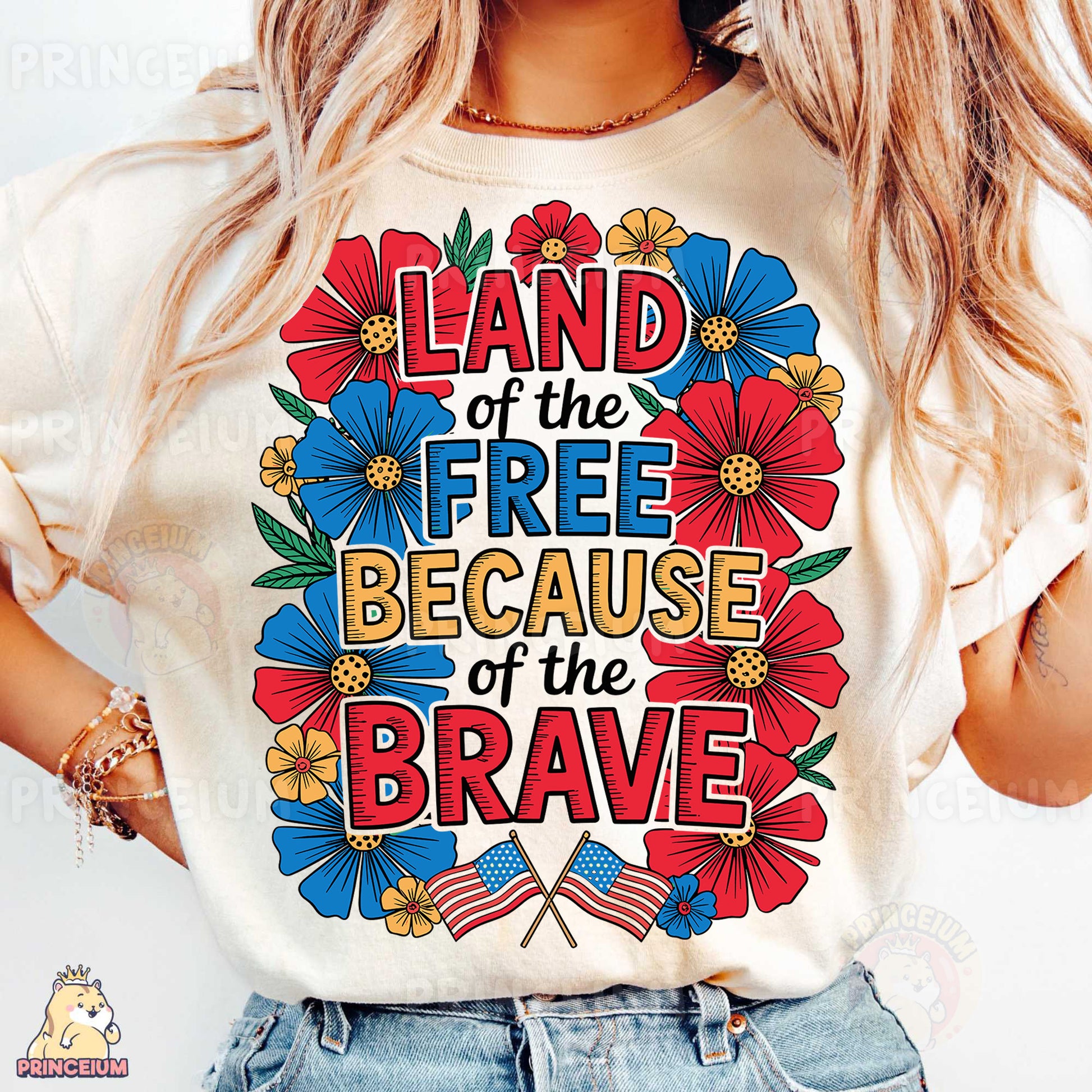 a woman wearing a t - shirt that says land of the free because of the