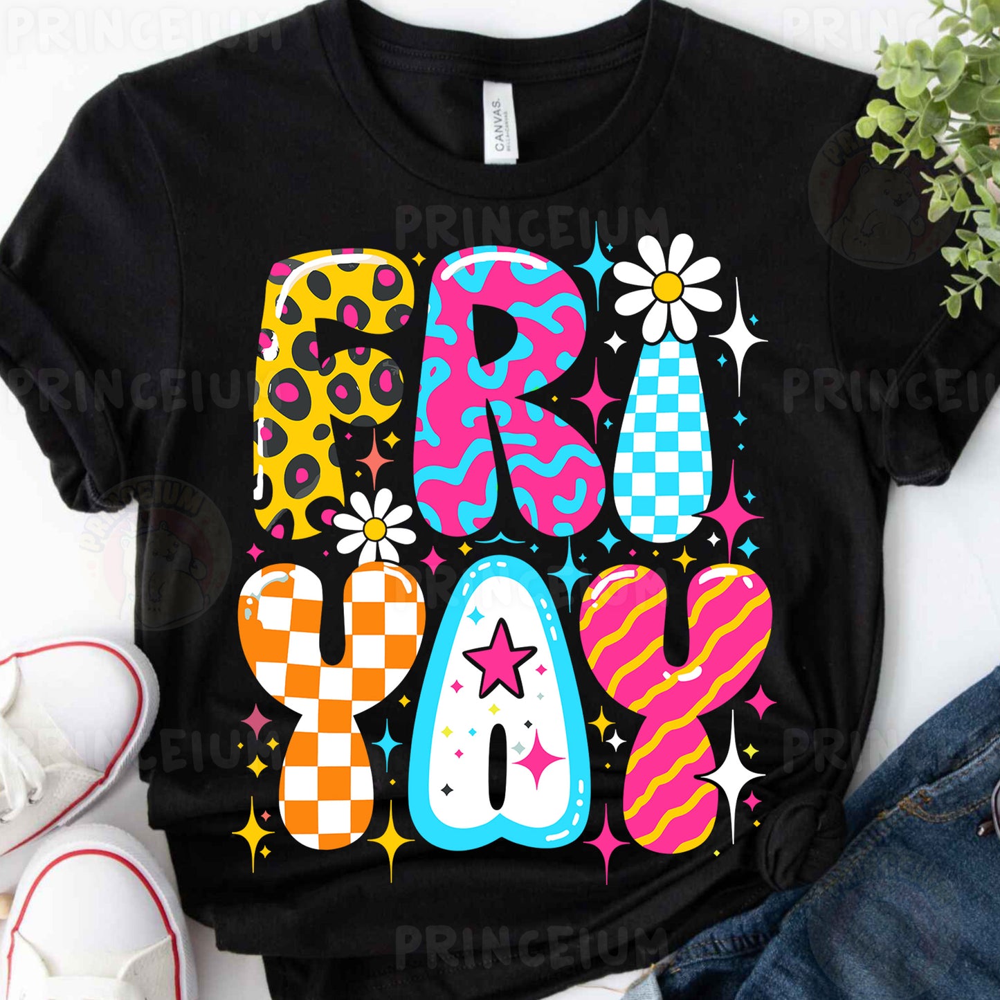 a black t - shirt with colorful letters and stars