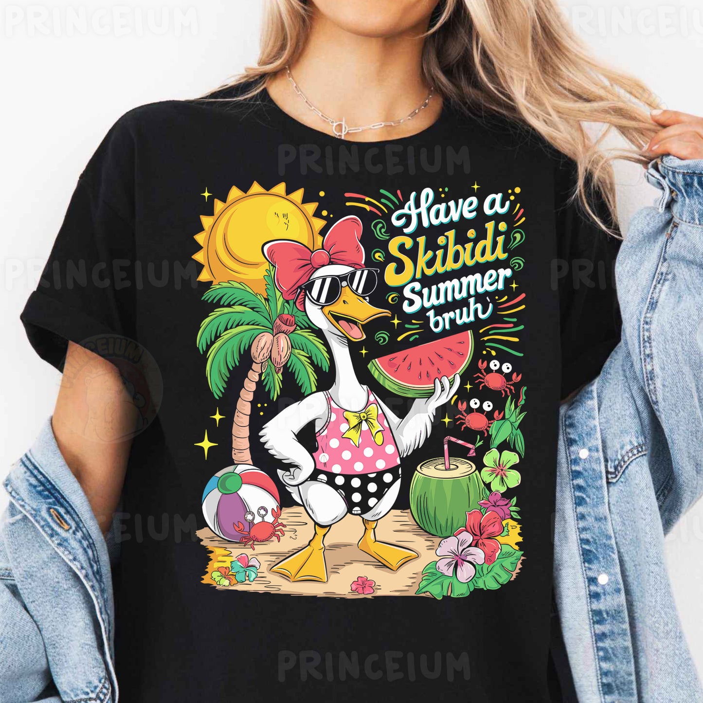 a woman wearing a black shirt with an image of a duck on it
