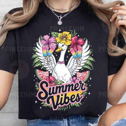 a woman wearing a black shirt that says summer vibes