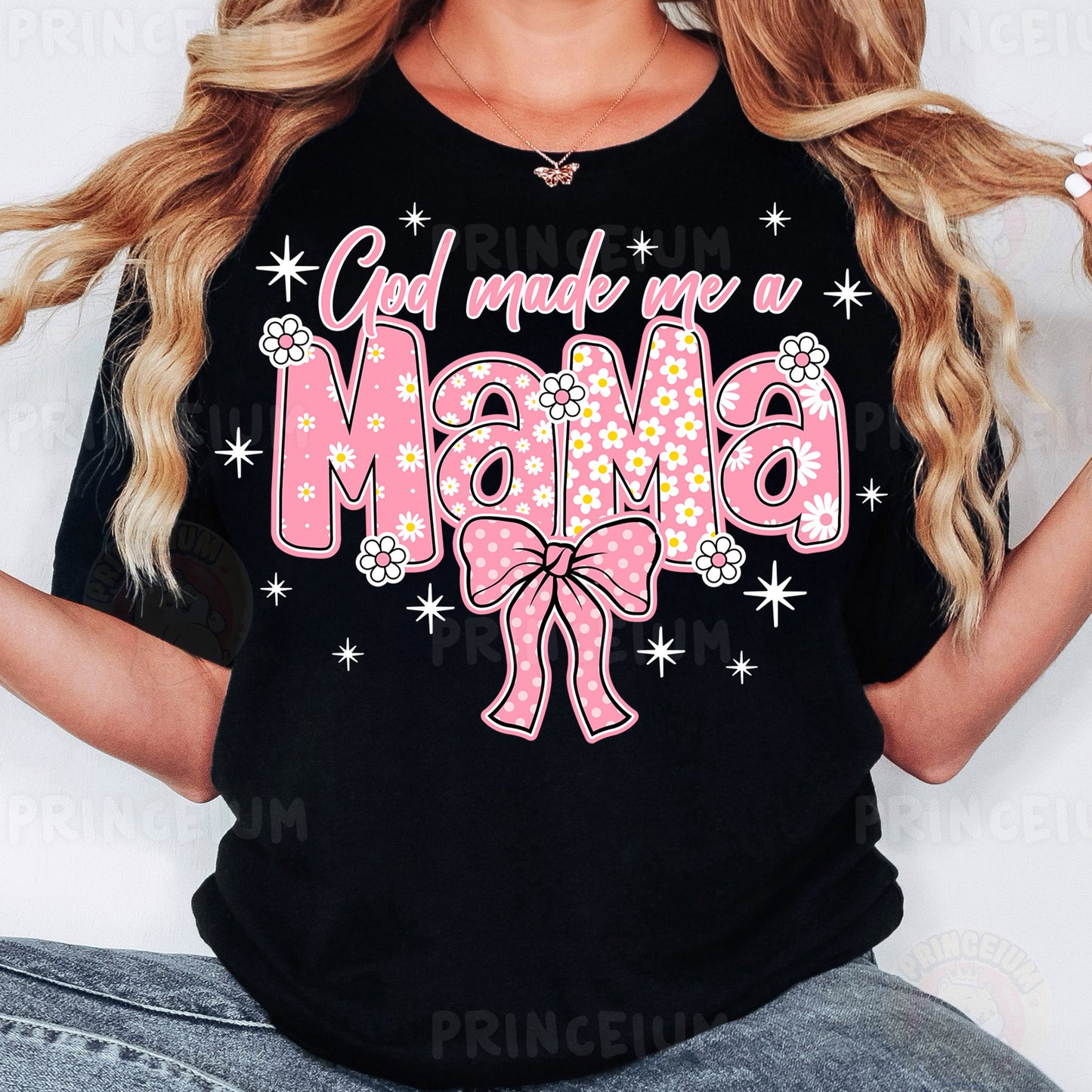 a woman wearing a black shirt with a pink bow