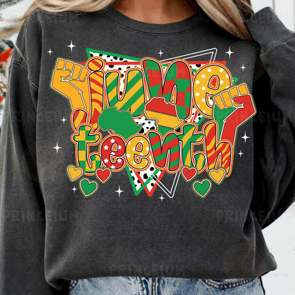 a woman wearing a black sweatshirt with the words happy new year on it