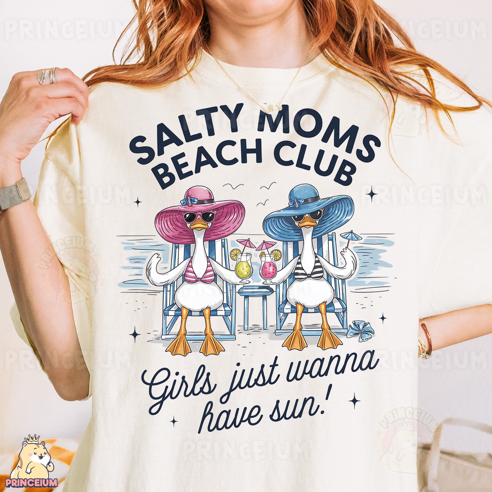 a woman wearing a t - shirt that says salty moms beach club