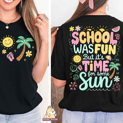 a woman wearing a black shirt that says school was fun but it's time