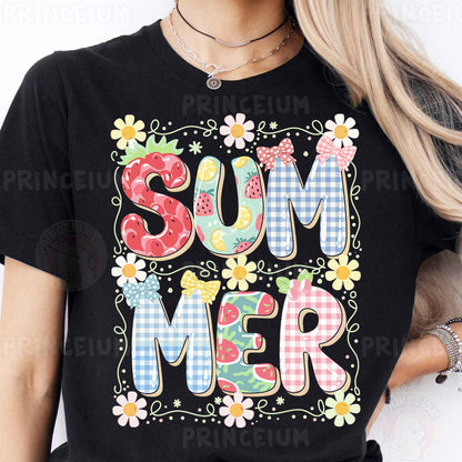 a woman wearing a t - shirt that says, summer