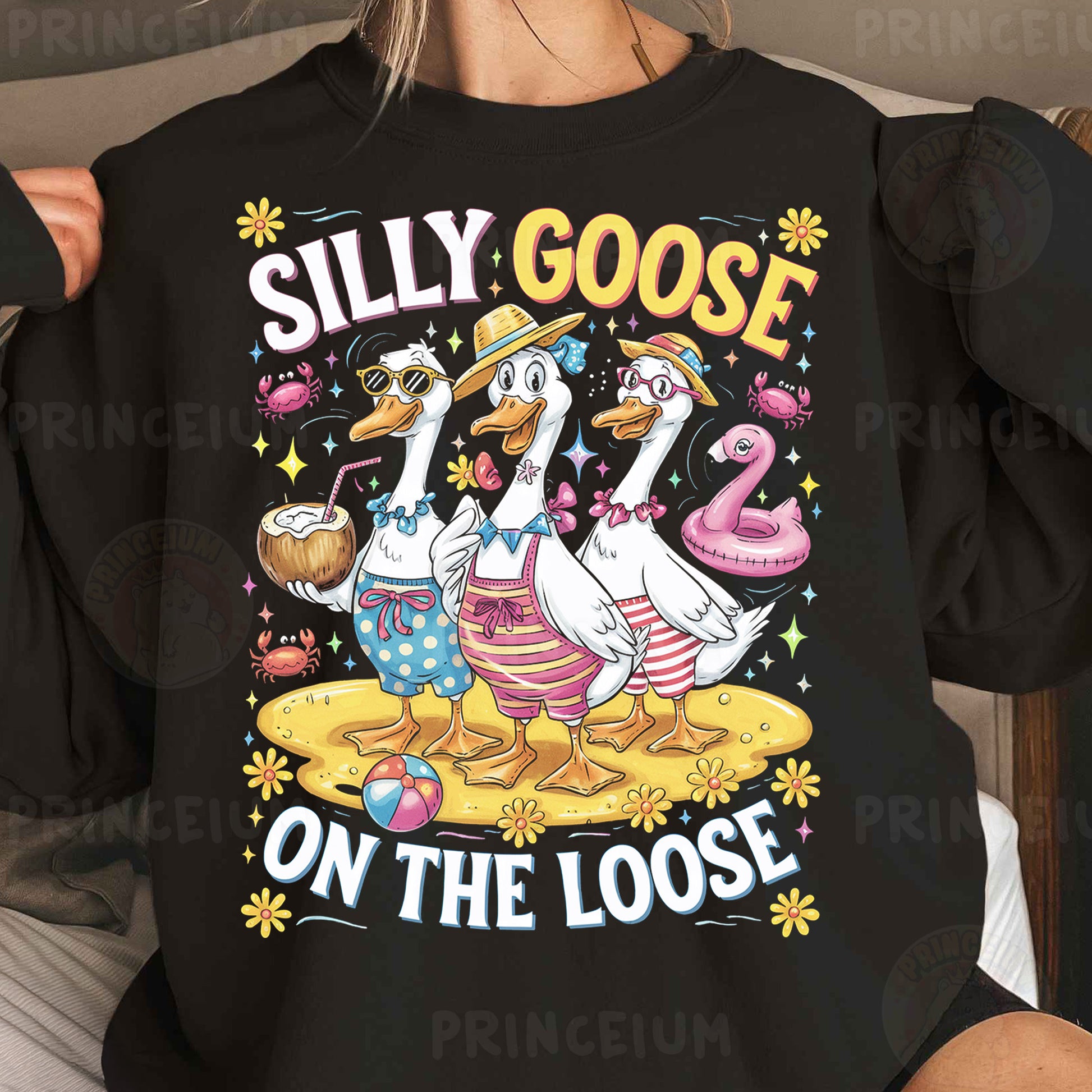 a woman wearing a black shirt that says silly goose on the loose