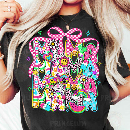 a woman wearing a black tshirt with a colorful design on it