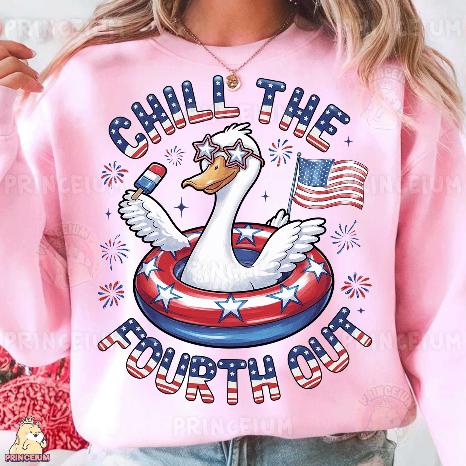 a woman wearing a pink shirt with an eagle on it