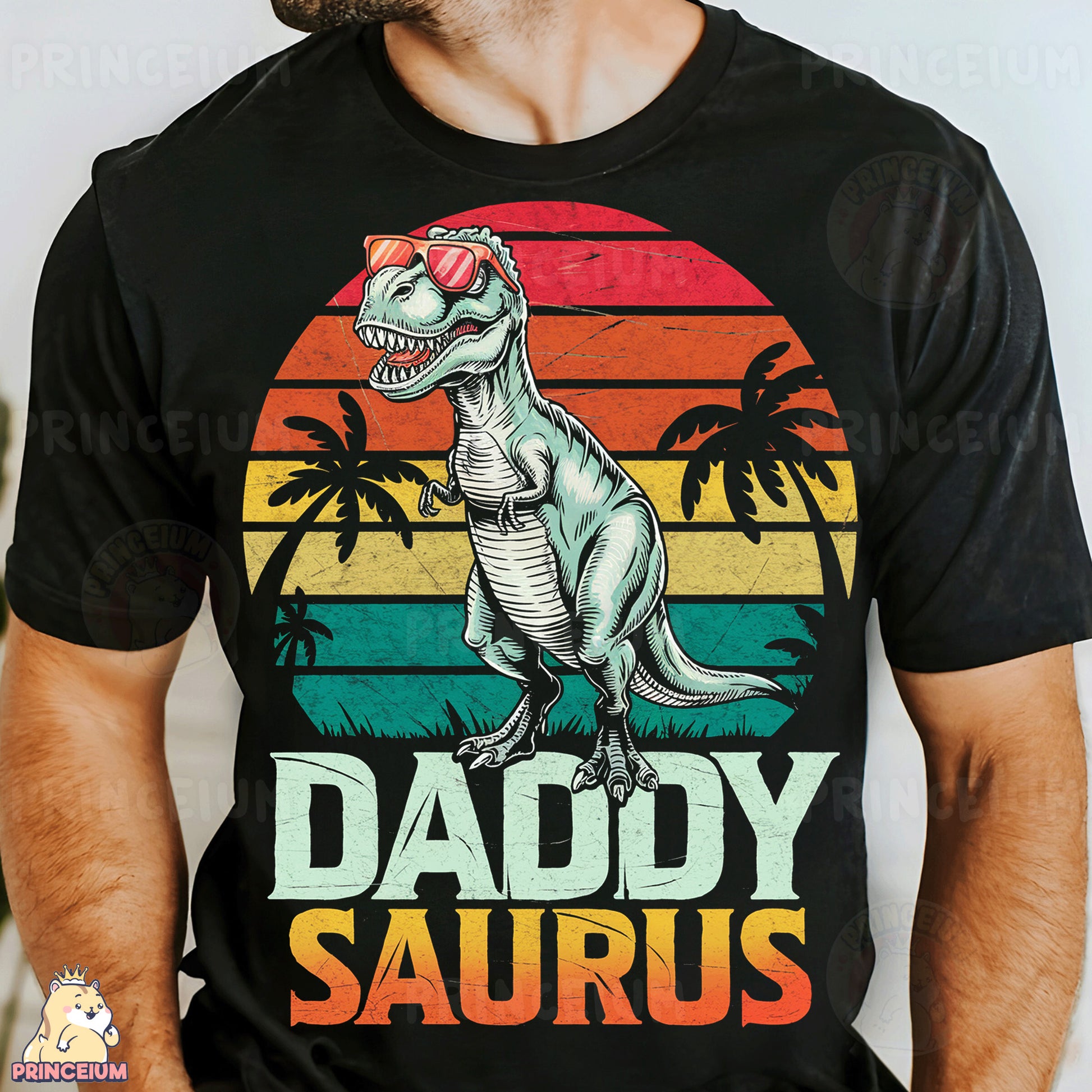 a man wearing a t - shirt with a dinosaur on it