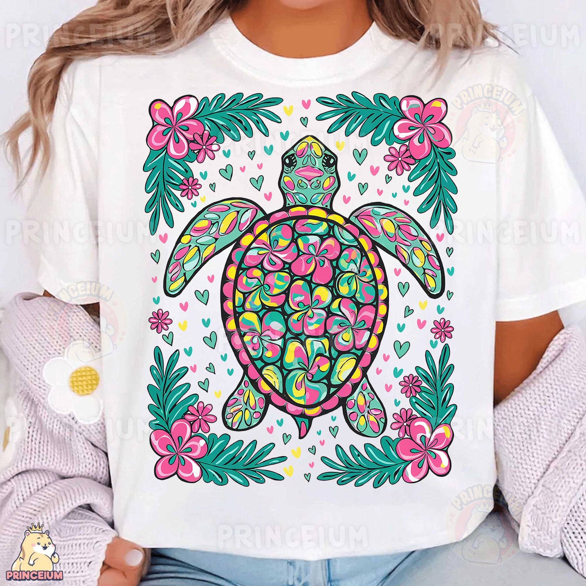 a woman wearing a white t - shirt with a colorful turtle on it