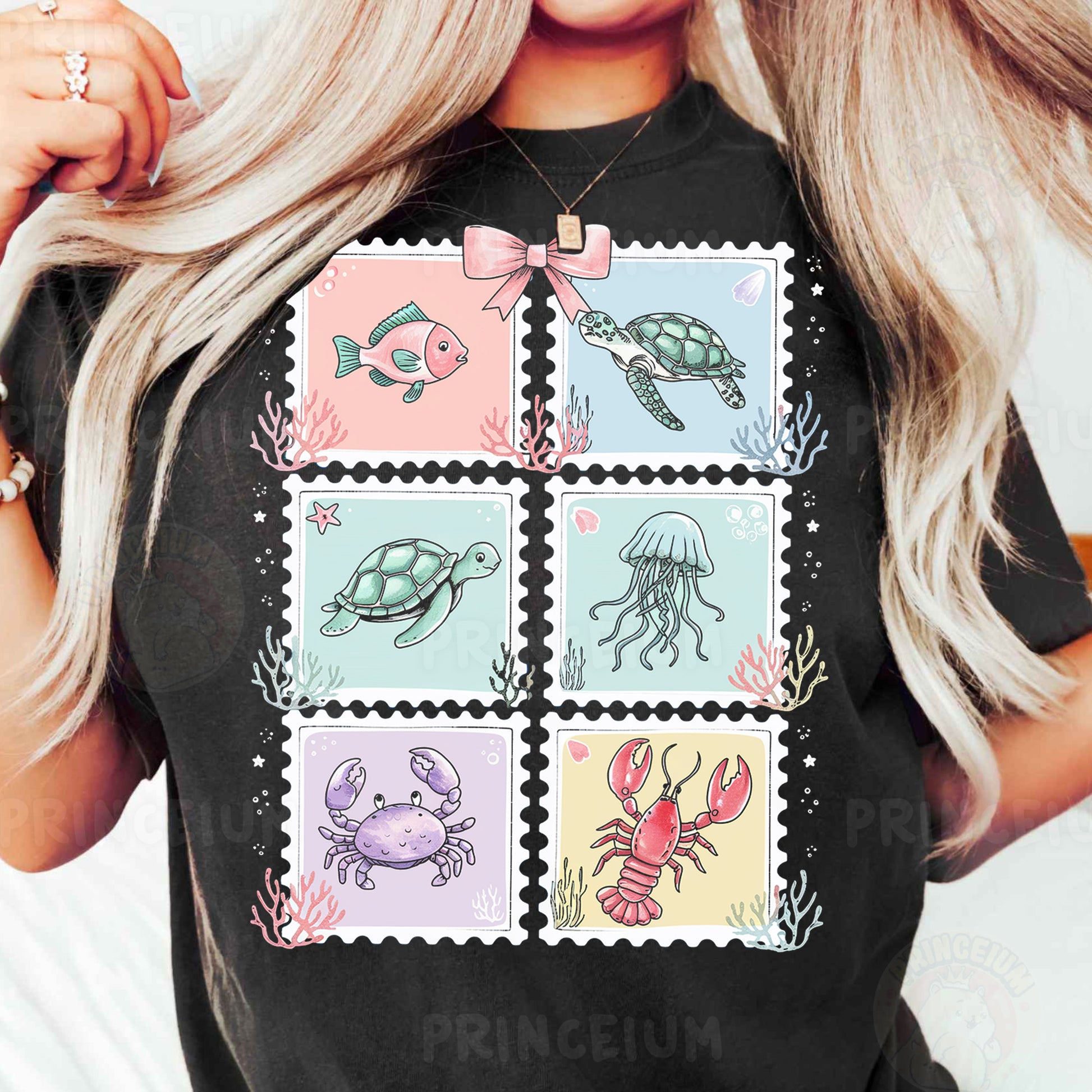 a woman wearing a t - shirt with stamps on it