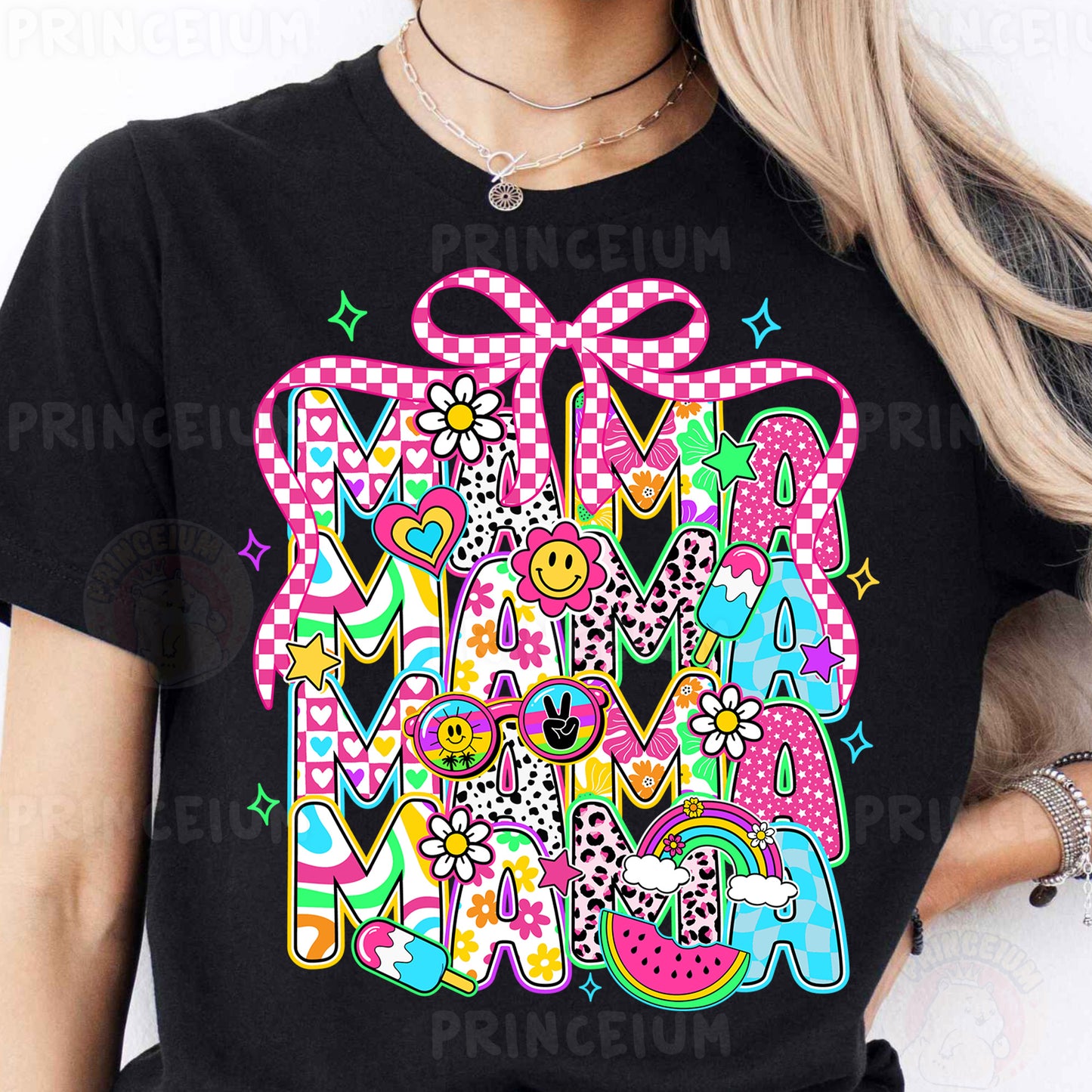 a woman wearing a black t - shirt with the word mama on it